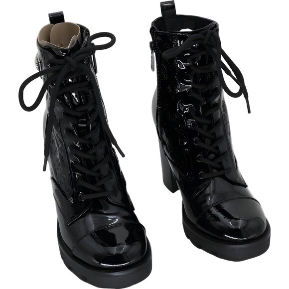 GUESS Neadyn Lace-Up Heeled Bootie Black Patent Logo Women's US 6M - Picture 1 of 6